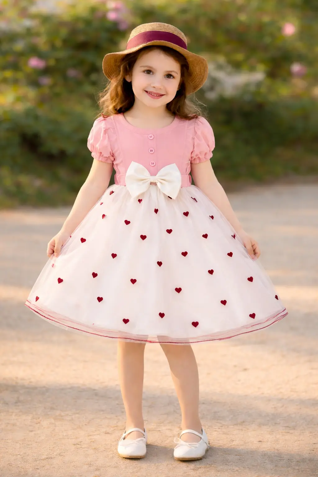 Smiling in a delicate pink dress